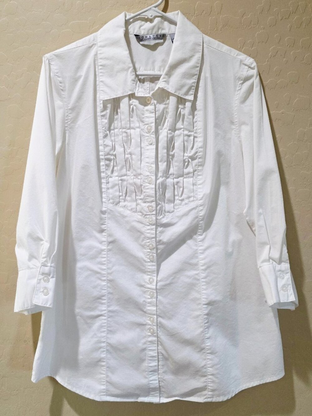 Larry Levine White Tuxedo Bib Button Down Shirt Women XL Pleated Career Blouse